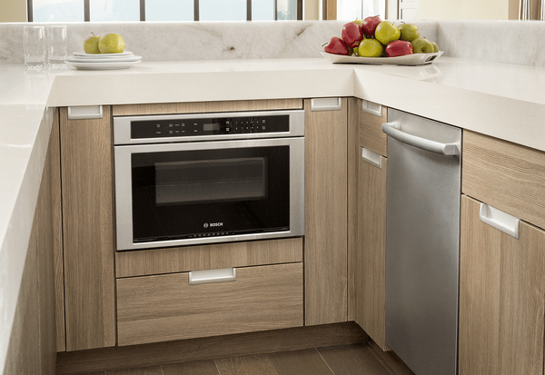 A bosch microwave in kitchen